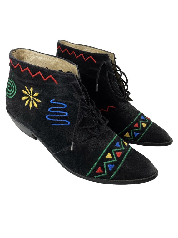 vintage womens lace up boots / embroidered black … - image 2