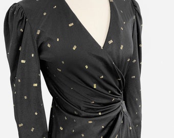 1980s black and gold wrap around dress