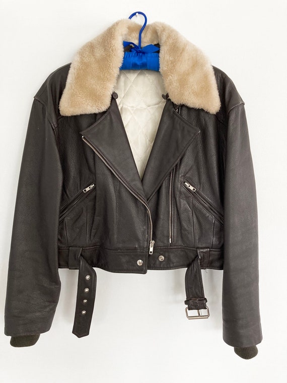 1990s womens leather motorcycle jacket / fleece c… - image 1