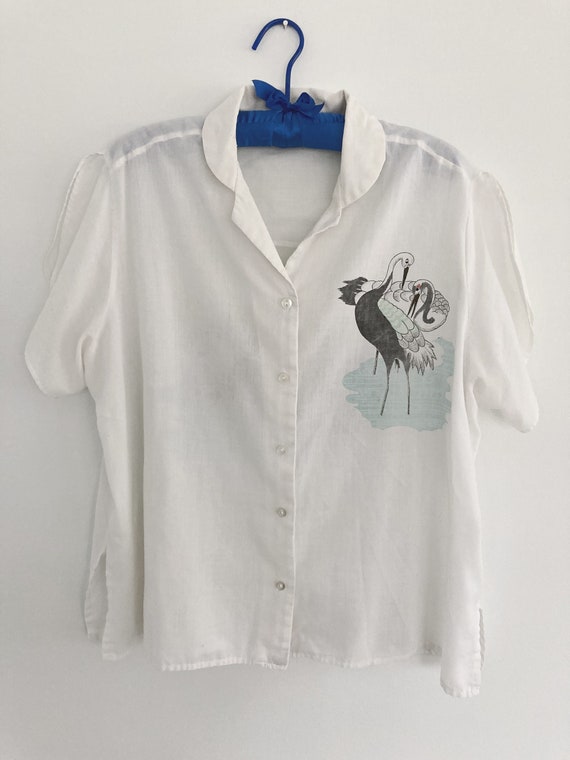 1960s or 70s womens blouse with bird print - image 1