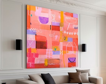 Impression d'art mural abstrait moderne rose et violet, tableau moderne éclectique, décoration murale de salon paysage, grand art mural abstrait