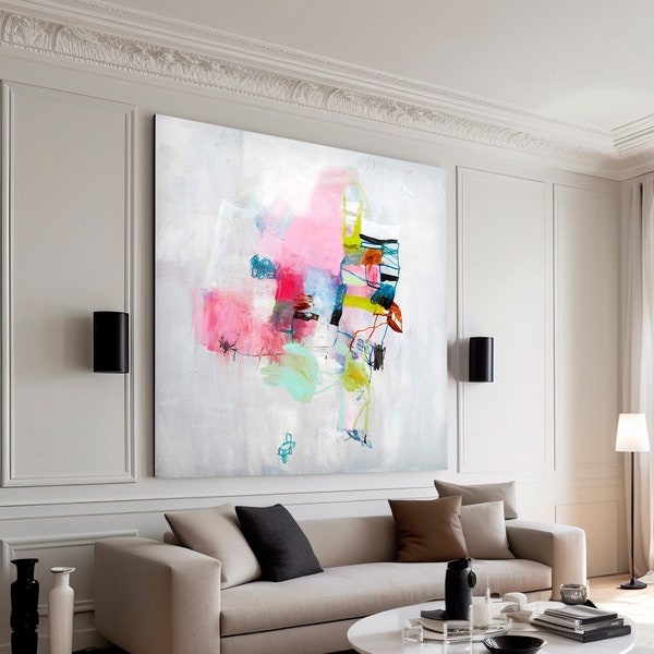 Colorful Painting print abstract art, nursery wall art gift for her, pastel pink and grey baby colors abstract canvas painting print