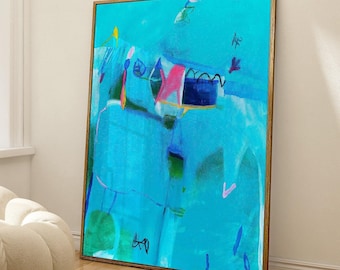 Blue Abstract Wall Art, Turquoise Canvas Print, Vertical Modern Decor