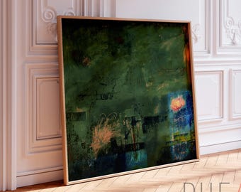 Cuadro abstracto verde oscuro para pared, impresión en lienzo horizontal de gran formato, decoración moderna y sobria.