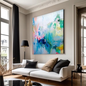 Large abstract blue pink teal painting colorful Canvas, Large Abstract Print painting. Canvas painting, large art print gift for the home