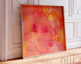 Impresión artística abstracta grande en naranja y rosa, lienzo giclée colorido