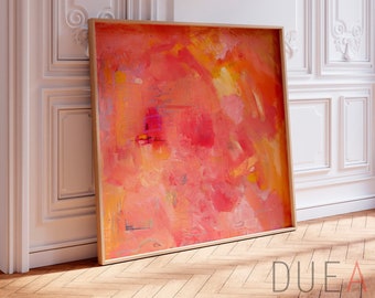 Pintura abstracta naranja y rosa fucsia brillante, gran arte abstracto de pared estampado colorido, pintura rosa coral suave, estampado de lienzo rosa pastel