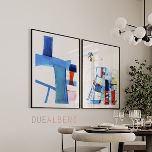 Set of two modern and contemporary paintings prints in pastel colors, fun and colorful wall art for living room decor, light blue pink art