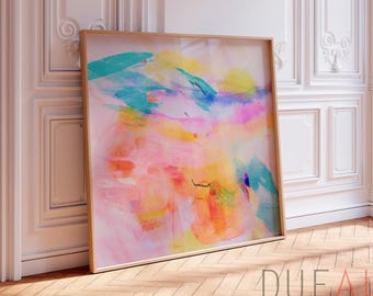 Abstracte kunstprint in lichtroze en turquoise tinten, giclée-print op canvas met textuur.