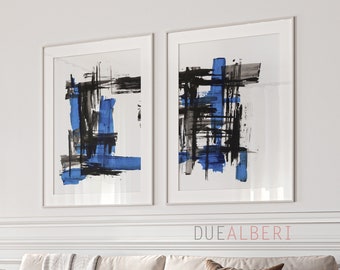 Set of 2 Large abstract paintings prints, blue and black Abstract art wall art, mid century Modern print set of 2, original art for the home