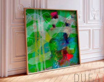 Großes modernes Wandbild, Blau Grün, 100x100 cm, Kunstdruck auf Leinwand