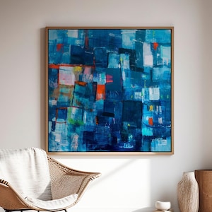 Lámina artística abstracta geométrica en azul oscuro y rojo, lienzo extragrande para pared.