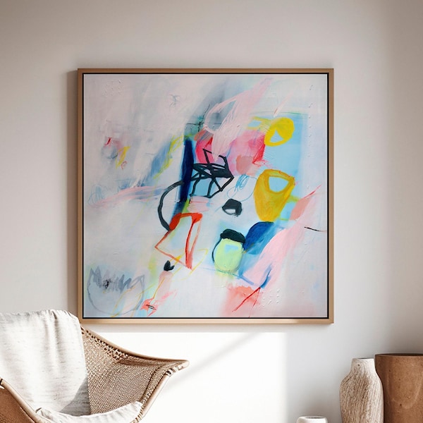 Minimalistische abstracte muurkunst, roze blauwe moderne canvasprint, grote kunst