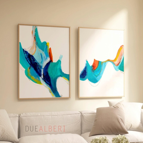 Blue Teal Abstract Wall Art Set of 2, Modern Coastal Canvas Prints