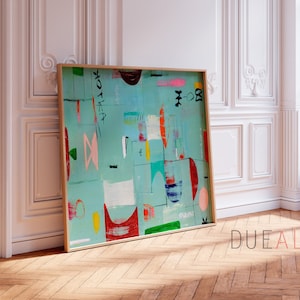 Abstract wall art print, Green and red Large abstract painting, Geometric minimalist art for modern wall decor
