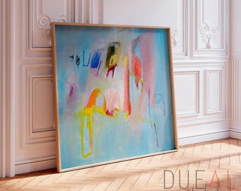 Pastel Abstract Wall Art, Light Blue Modern Painting for Living Room