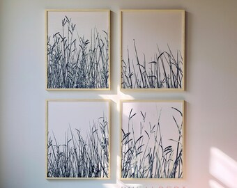 Botanical Print Set of 4, Black White Nature Wall Art, Minimalist Grass Photography