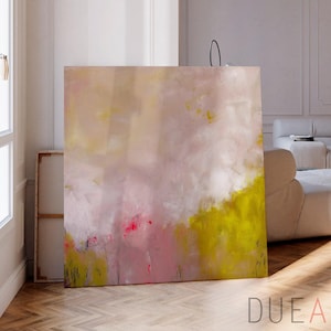 Großer abstrakter Kunstdruck, beige rosa gelb, modernes Boho-Wanddekor