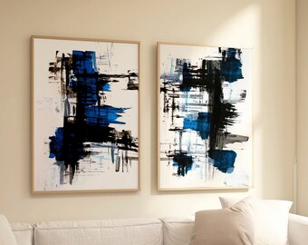 Abstract prints set, Set of 2 large prints, Dark blue wall art, bright neutral colors Large art, Abstract painting, Wabi sabi wall art