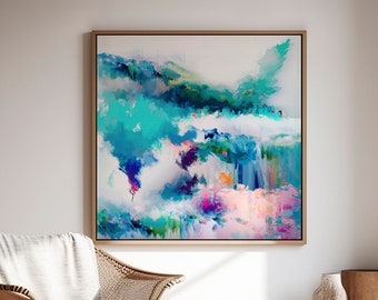 Abstract wall art, teal blue pink painting print, Extra large Modern abstract artwork, Eclectic boho wall decor, Pastel colors wall art