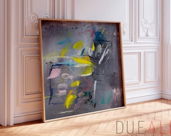 Gray Yellow Abstract Wall Art Print, Large Canvas Painting, Modern Giclee