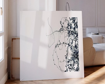 Impressão botânica em preto e branco, arte de parede minimalista com tema da natureza.
