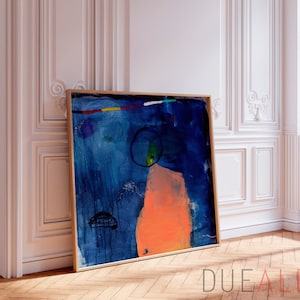 Modern dark blue coral abstract wall art print, Large blue and multicolor joyful abstract painting, Bright colorful eclectic wall art