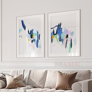 Wall art set of 2, colorful pastel blue pink abstract painting, print set of 2 prints, wall decor mid century modern, large wall art image 1