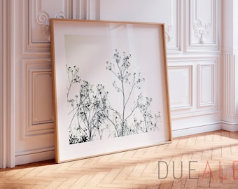 Impressão artística botânica em preto e branco, arbustos zen, giclée, decoração de parede minimalista.