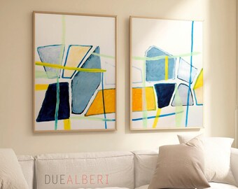 Blue Yellow Abstract Print Set, Geometric Wall Art, Set of 2