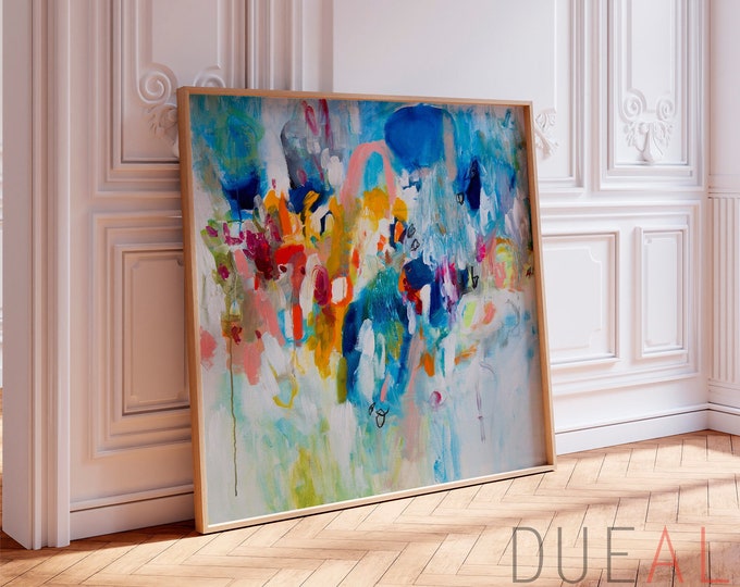 Large art print, colorful abstract painting, Large Abstract art print with blue pink and orange, colorful home decor wall art gift