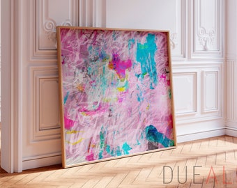 Impression d'oeuvres d'art abstraites magenta rose vif, très grande peinture texturée abstraite moderne, décoration murale rose éclectique pour le salon