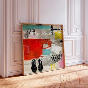 Dipinto astratto vivace e colorato, grande decorazione da parete per cucina multicolore brillante, arancione acceso e grigio, grande stampa artistica da parete