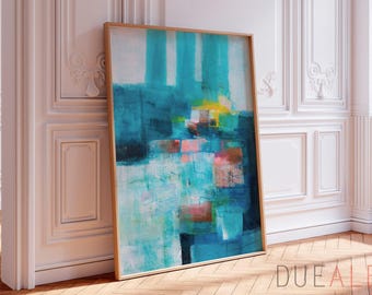 Teal Blue Abstract Painting, Turquoise Wall Art, Large Canvas Print