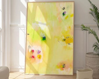 Yellow Abstract Wall Art, Bright Colorful Painting, Large Modern Canvas Print