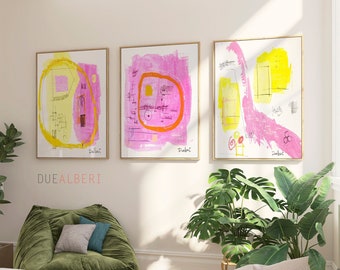 Set of three modern and contemporary prints, pastel colors paintings, playful colorful wall art for living room decor, Pink light yellow art