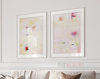 Abstract prints set 2 textured pale pink Beige orange green neutral colors art, Large modern eclectic abstract painting set