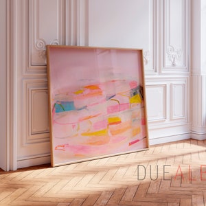 Abstract painting print, pink minimalist abstract art, modern wall decor, light pink and yellow wall art.