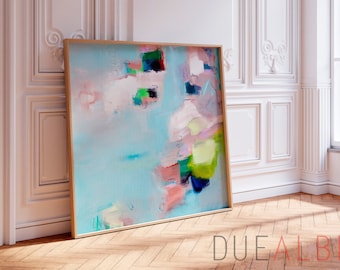 Abstract wall art print, Large abstract painting, Pastel colors art for modern wall decor, Light blue green art, stylish bedroom wall art
