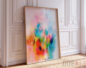 Pink Blue Abstract Wall Art Print, Pastel Floral Painting, Large Modern Artwork