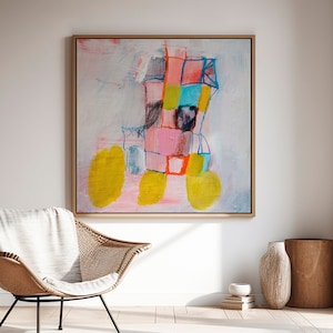 Abstract art print, pink minimalist abstract painting, modern wall decor, pink and yellow trendy wall art.
