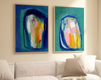 Mid Century Modern Wall Art Set of 2, Colorful Abstract Prints, Large Teal Orange Artwork