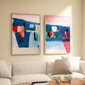 Large wall art mid century modern set of 2 abstract painting prints, pastel baby blue and pink abstract painting print bedroom wall decor