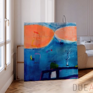 Moderner blauer abstrakter Kunstdruck, große abstrakte Kunst in blau und orange, leuchtendes buntes Bild