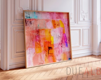 Impresión de pintura abstracta, arte abstracto minimalista grande rosa claro y naranja, rosa amarillo texturizado moderno, arte de pared grande estético de moda