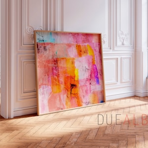 Stampa di pittura astratta, grande arte astratta minimalista rosa chiaro e arancione, moderna stampa gialla rosa testurizzata, grande arte murale estetica alla moda