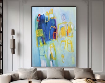 Blue Yellow Abstract Art Print, Large Geometric Wall Art, Modern Aqua Canvas Print