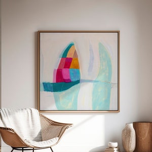 Abstract painting art print , Multicolor Extra large wall art print, fun canvas wall decor for living room, Light blue and pink wall art