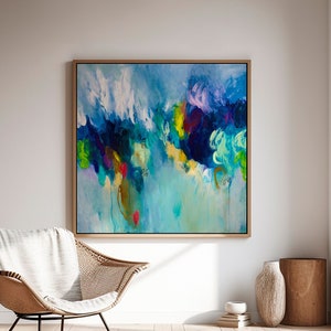 Vivid fun and colorful Abstract painting print, Vibrant bright blue and multicolor abstract wall art, Eclectic wall decor for livingroom