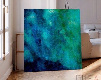 relaxing blue abstract painting TEAL GREEN colorful Canvas tropical water painting, vibrant abstract art for unique living room wall decor